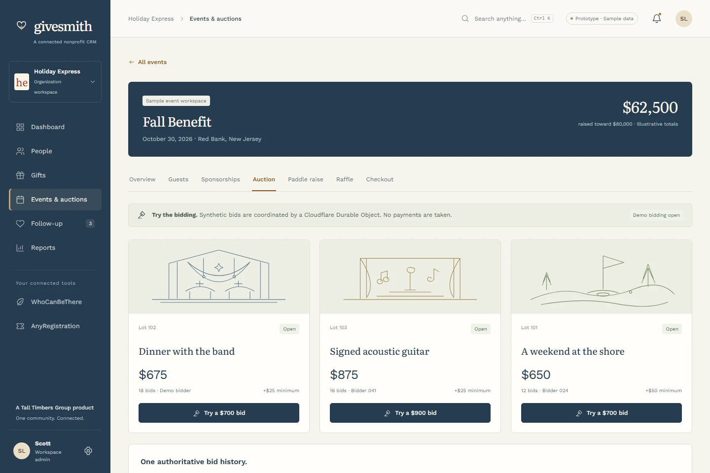 Givesmith event prototype showing auction lots and demo bidding