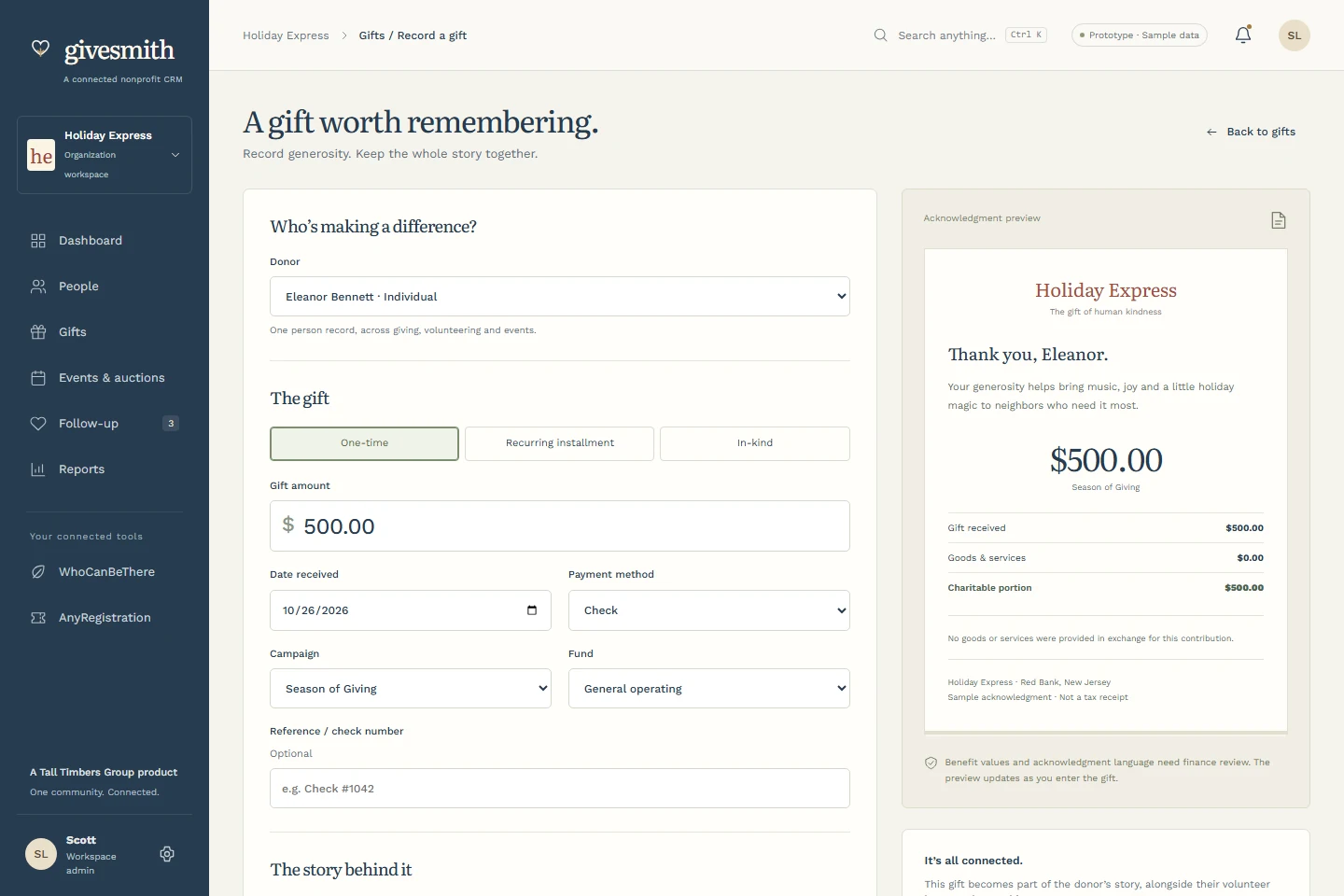 Gift entry prototype with a live acknowledgment preview and charitable portion